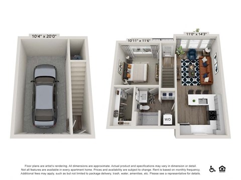 a townhome floor plan with a car and a balcony